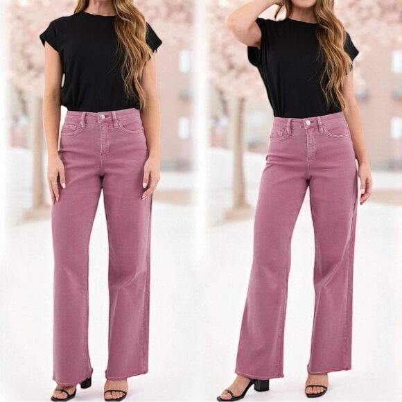 Rose Pink High Rise Wide Leg Frayed Hem Jeans - RFM NWT - Picture 5 of 16